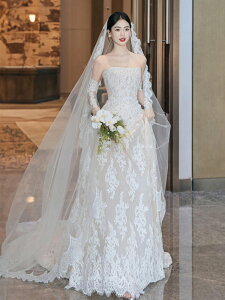 フレンチスタイル ノースリーブ 軽やか ウェディングドレス 花嫁 ヴィンテージ レース フォレストテイスト 挙式 二次会 フォトウェディング スモールトレーン パーティードレス ロングドレ