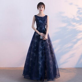 ＼マラソン★1000円OFFcp&5倍／演奏会用ドレス ロングドレス ステージドレス パーティードレス ピアノ演奏会ドレス ネイビー ハイウエスト 花柄 着痩せ Aライン 発表会 結婚式 フォーマルドレス 高校生 大人 ステージ衣装 オーケストラ コンサート 音楽会 20代30代40代50代