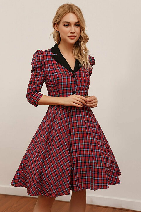 楽天市場 50 Offで3699円 1日時まで ドレス ワンピース チェック柄 結婚式 S 2xl レトロワンピース ロカビリー 七分袖 Aライン ボタン付き フレアワンピース 50年代 お呼ばれ スイングワンピース レディース 謝恩会 披露宴 Topvalue