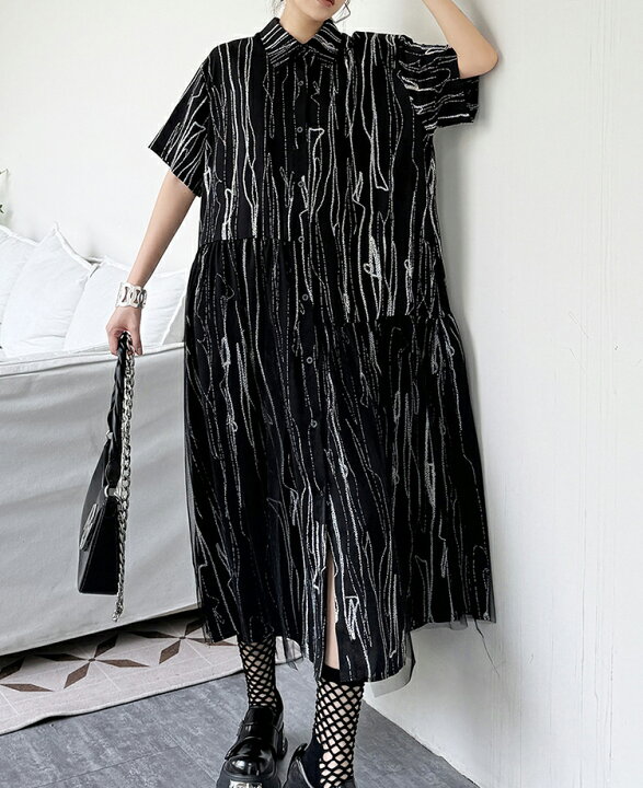 ワンピース レディース ロング きれいめ チュール ドッキング シャツワンピ 半袖 襟付き 服 着痩せ 韓国 夏 黒 アシンメトリー アシメ 前開き 羽織り 個性的 モード系 メンズ ユニセックス 結婚式 30代 40代 50代 60代 低身長 とらみ 無料 プレゼント