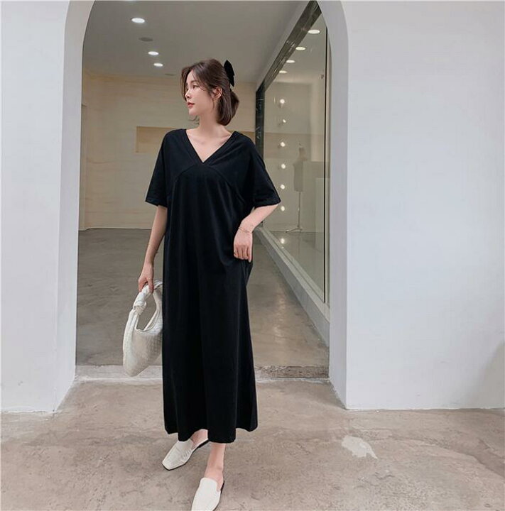 前後Vネック ワンピース ロングワンピース マキシ丈ワンピース レディース ロング マキシ 半袖 無地 マキシワンピ スリット 大きいサイズ 綿100% 夏 ルームウェア マタニティ マキシワンピ 送料無料 プレゼント とらみ ロングワンピース Tシャツワンピース スリット入 Vネック 楽ちんワンピース