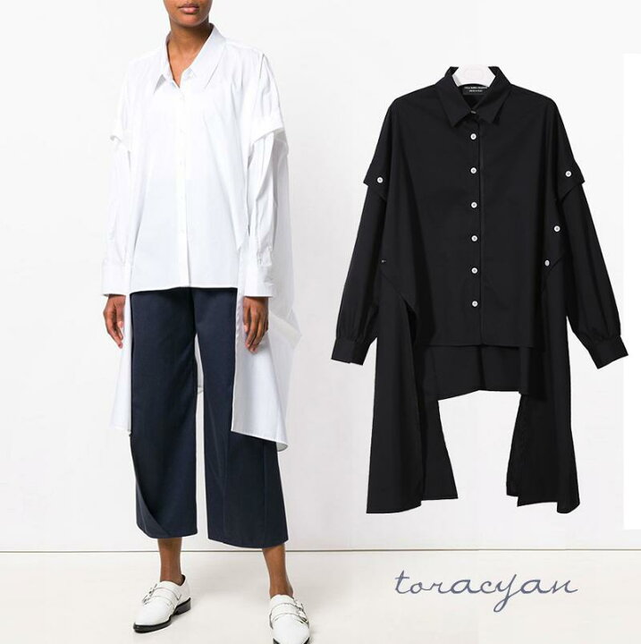 楽天市場 裾変形デザイン アシンメトリー ロングシャツ モード 長袖 ドレープ 黒 白 メンズ レディース 無地 大きいサイズ シャツワンピース 変形シャツ ロングスリーブ ナチュラル 変形ワンピ リボン 春服 夏服 大人可愛い 送料無料 とらみ