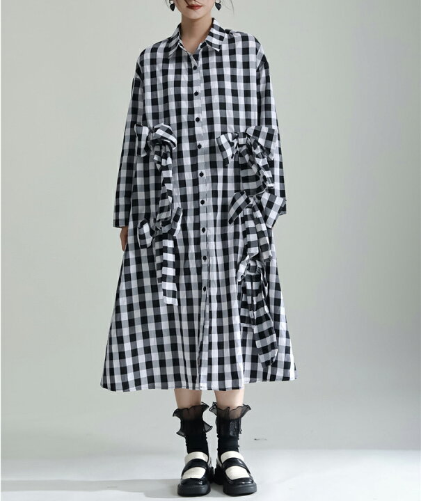 楽天市場】チェックシャツワンピース レディース 長袖 リボンデザイン  