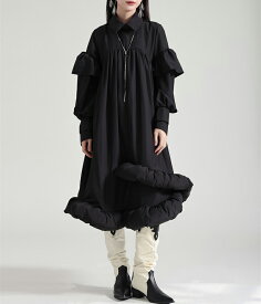 前後2wayフリルワンピース ワンピース レディース 長袖 フリルデザイン アシンメトリー ロングワンピ シャツワンピース 落ち感 モード系 個性的 ユニセックス 大人 カジュアル ゆったり きれいめ オフィス 楽ちん 秋冬とらみ 送料無料