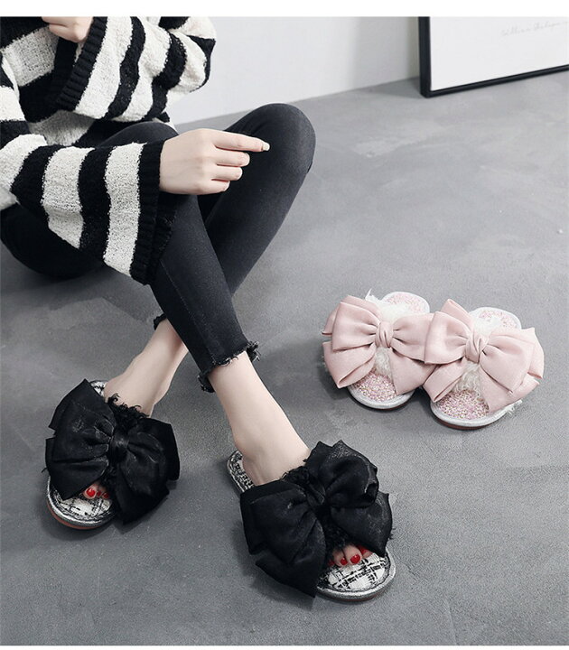 楽天市場 2カラー レディース リボンスリッパ 室内履き おしゃれ かわいいスリッパ オフィス フォーマル ルームシューズ もこもこ ふわふわ パーマ サロン 来客用 ギフト ファースリッパ 春 送料無料 とらみ