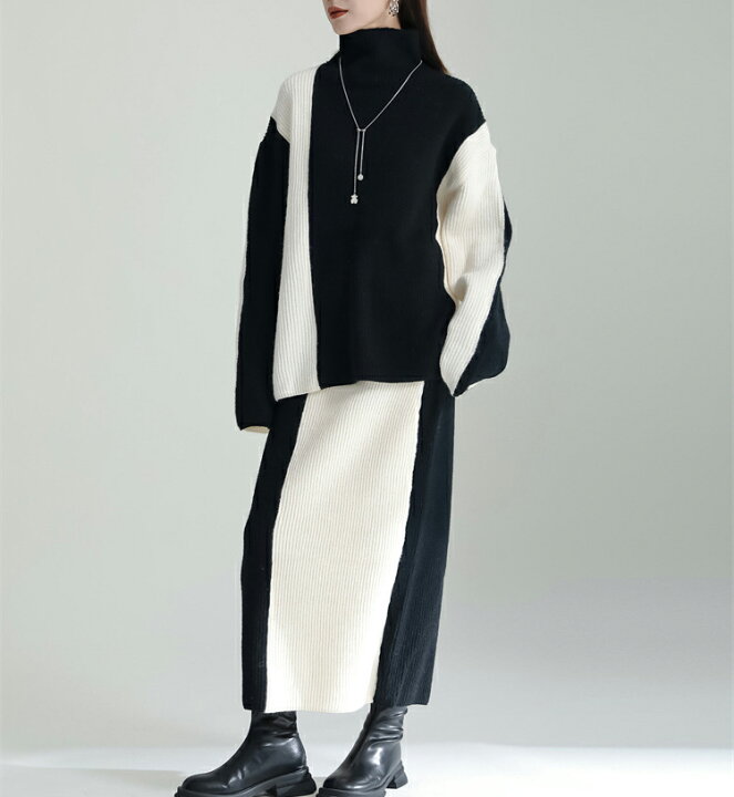 楽天市場】配色ニットスカートセットアップ レディース 秋冬  