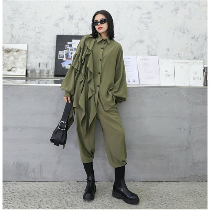 楽天市場 レディースきれいめ セットアップ 冬 リーサイズ グリーン ブラック 個性デザイン ブラウス ワイドパンツ 2点セット ゆったり上品 おしゃれ 大きサイズ ストリート アシメントリー とらみ