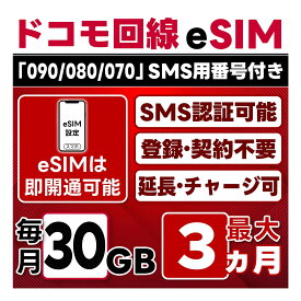 【eSIM版】【SMS認証可】docomo プリペイド eSIM 日本 | 30GB/月 | 最大3ヵ月(開通月＋2カ月) | SMS用番号(受信のみ)付 | 即日開通可 | 4G/LTE ドコモ通信網 | データ繰越 / 期間延長可 / チャージ / 残量確認 / 再発行可 | テザリング可能｜契約不要・LINEサポート