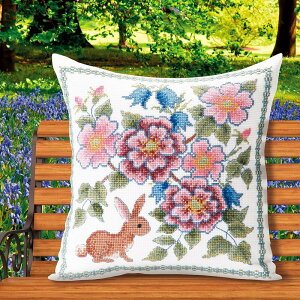 Olympusクロスステッチ刺繍キット No.6062 「ブルーベルとウサギ」 クッション40×40cm オリムパス 花咲く庭の小さな物語