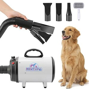 ペットドライヤー 犬用 ペット用 ドライヤー ブロワー 送風機 無段階速度制御 3つのノズル付き ブラシ付き 風速、温度調整可能 大風量 騒音低減 100V 50Hz/60Hz 650-1800W(白)