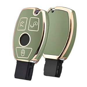 ベンツ キーケース ベンツキー カバー TPU 360度フルプロテクション 傷 防止 ベンツ アクセサリー メルセデス A B C E クラス CLA GLA GLC GLE (金縁グリーン)