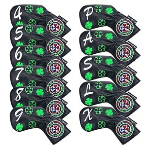 (ビッグティース) ゴルフアイアンカバー ヘッドカバー セット 11枚入り(4〜9、P、A、S、L、X)番号刺繍 ロングネック エラスティック開閉 クローバー刺繍 合成レザー ブラック