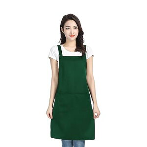 エプロン H型 首掛けタイプ シンプル おしゃれ レディース メンズ カフェエプロン 無地 ノーアイロン ポケット付き 汚れにくい シワ防止 男女兼用 (グリーン)