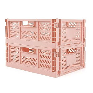 おりたたみコンテナ 18L 収納ボックス 2個セット 折り畳み式 取っ手付き 積み重ね コンテナ 収納ケース 卓上 カゴ オリコン 組み立て簡単 幅30×奥行40×高さ15cm (浅ピンク)