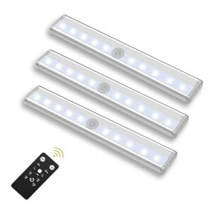 LEDライト スリムタイプ キッチンライト 電池式 リモコン付き 10段階調光可能 タイマー機能 磁石付き 工事不要 棚下照明 簡単設置 省エネ クロゼット/廊下/玄関などに 3点セット (ホワイト)