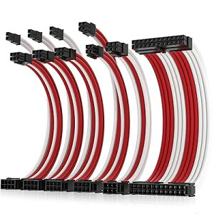 更新 16AWG PC電源 延長ケーブル、GPU/CPU 用 PC スリーブケーブル キット、電源コンピュータ ケーブル延長ケーブル コーム付き、24PIN/(6+2) PIN/(4+4)PIN ケーブル管理、30CM、白+赤