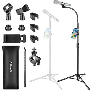 【最新2Way仕様・携帯電話ホルダー付き】グースネック マイクスタンド ストレート 83-187cm高さ調整可能 1×グースネックアーム付き 1×携帯電話ホルダー付き 2×マイククリップ付き 3×ケーブル