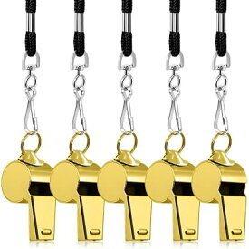5包 ステンレススチールホイッスル 、 Finegood Loud 金属口哨 with Lanyard for Referees Coaches Lifeguards 生存应急 フットボールバスケットボールサッカ (金)
