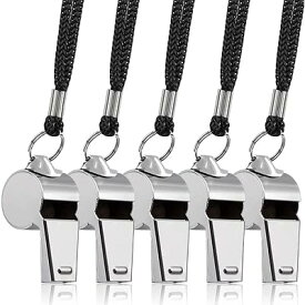 5包 ステンレススチールホイッスル 、 Finegood Loud 金属口哨 with Lanyard for Referees Coaches Lifeguards 生存应急 フットボールバスケットボールサッカ (銀)