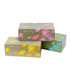 【アミューズ：ボックスティッシュ】 外箱3色×5個入り ポピーの花のデザイン 懐かしさを感じるレトロなデザインのボックスティッシュ｜強くてしなやかな “清流ティッシュ”