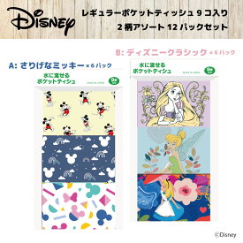 【ディズニー：レギュラーポケットティッシュ9P2柄アソート】ディズニー ポケットティッシュ16枚（8組）×9個パック（3柄） 水に流せるポケットティッシュ｜強くてしなやかな “清流ティッシュ”