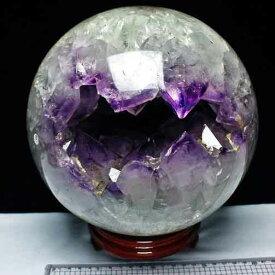 アメジスト 丸玉 11.1Kg スフィア 笑口丸玉 ブラジル産 amethyst アメシスト 天然 紫水晶 ルチルクォーツ入り 置物 原石 インテリア メンズ レディース 台座付属 開運 浄化 笑福 1点物 限定品 161-28