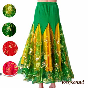 社交ダンス ロングスカート ワルツ ベリーダンス衣装 スパンコール 舞台衣装 フリルスカートフラメンコ衣装 タンゴ 4色揃い グリーン レッド赤 ローズ 女性 大人 プレゼント ギフト 新生活