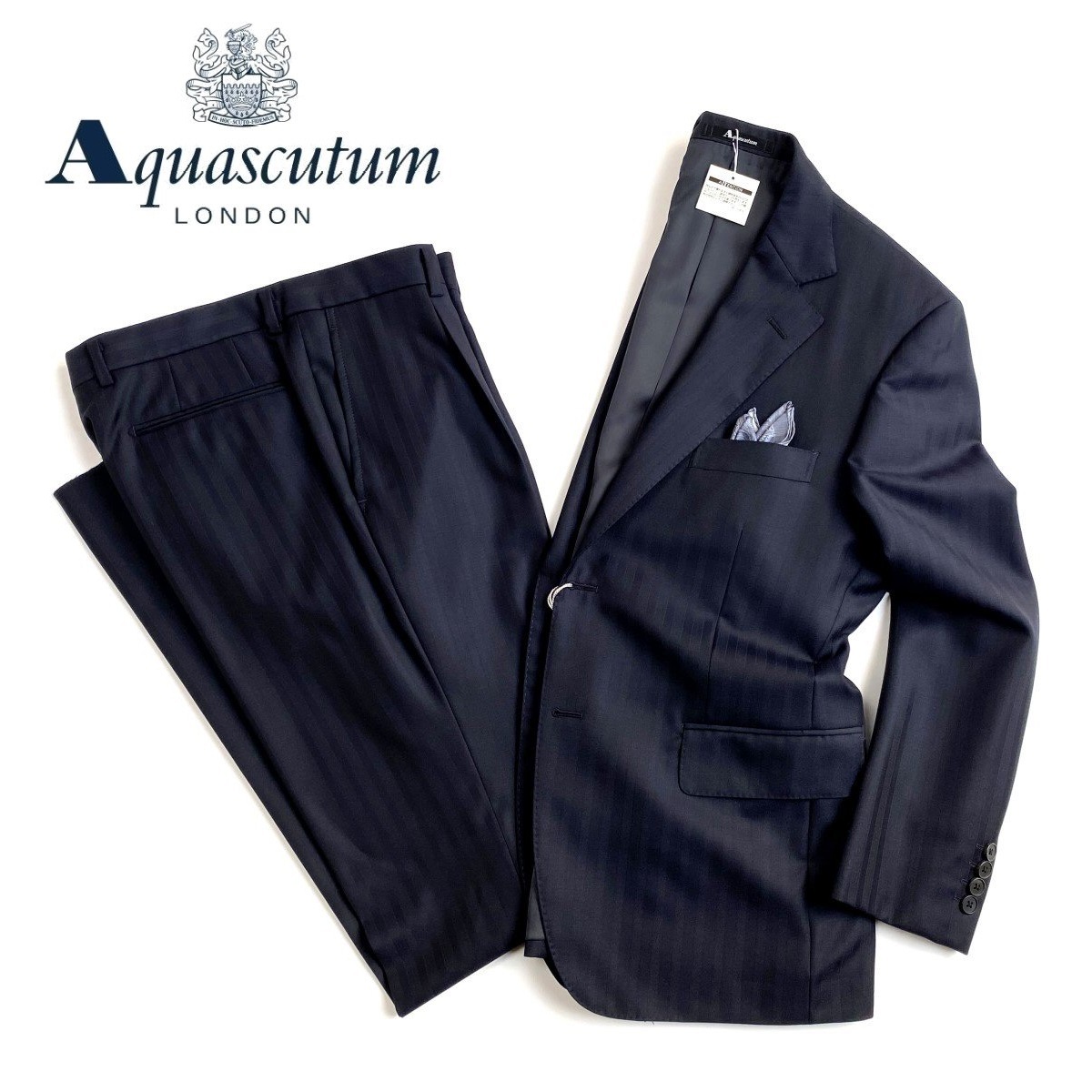 一番人気物 新到着 しなやかな目風と艶が魅力的な一着です Aquascutum 日本製シャドーストライプウールスーツ濃紺 ネイビー総裏仕立て 4irsoa.uj.ac.za 4irsoa.uj.ac.za