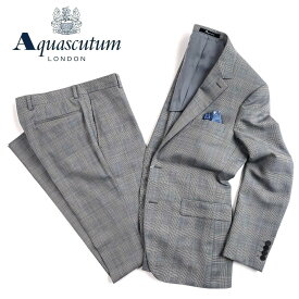 Aquascutum【アクアスキュータム】日本製グレンチェックウールスーツ撥水加工　ライトグレーノータックスタイル背抜き仕立て