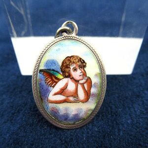 アンティーク ジュエリー ミニ ペンダントトップ メダイ エンジェル 陶器 エナメル ハンドペイント ドイツ ヴィンテージ ファッション 欧州雑貨 コスチューム アクセサリー ネックレス