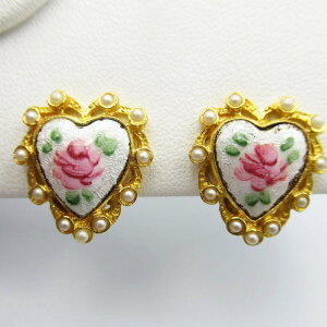 ヴィンテージ コスチューム ジュエリー クリップ式 イヤリング ハート ローズ メタル素材 1950-1980年頃 アンティーク ファッション 欧州雑貨 アクセサリー レトロ 花 薔薇