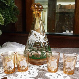 アンティーク デキャンタ ショットグラス セット 乗馬 ジョッキー フランス製 ヴィンテージ 食器 キッチン雑貨 テーブルウェア デカンタ ワイン ウィスキー シェリー酒 ガラス瓶 ボトル