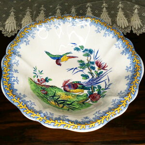 アンティーク サラダボウル 大皿 Copeland Spode コープランド・スポード 野鳥 一部ハンドペイント イギリス 1928年頃 ヴィンテージ キッチン 欧州雑貨 テーブルウェア 食器 深皿 丸皿 中皿 陶磁