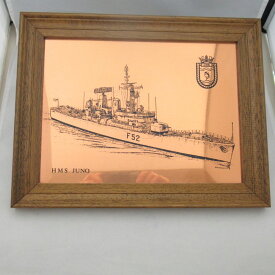 アンティーク雑貨・インテリア 額絵 船 HMS.JUNO ジュノー・駆逐艦 イギリス海軍の艦艇 銅製 イギリス製 1970年頃