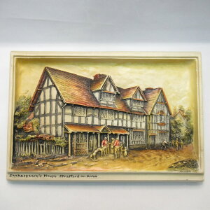 アンティーク 額絵 アイボレックス プラーク シェイクスピア生家 ハンドペイント Osborne イギリス 1950年頃 ヴィンテージ インテリア 欧州雑貨 壁掛け アート フレーム付き レリーフ スカルプ