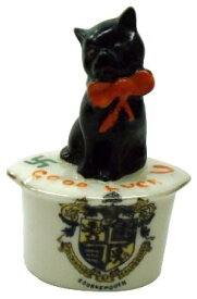 アンティーク フィギュア Carlton Ware カールトンウェア クレステッドチャイナ 黒猫 Bournemouth ボーンマス イギリス 1906-1927年頃 ヴィンテージ インテリア 欧州雑貨 置物 オブジェ フィギュリン 陶磁器 動物 お土産 紋章