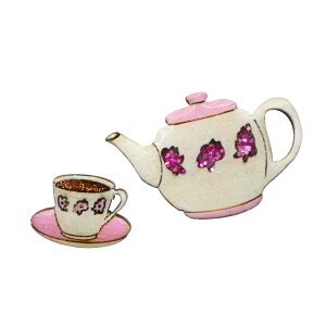 ハンドメイド ピンバッジ 木製 ティーポット&ティーカップ 英国製 ベクベクメイクス ピンブローチ ピンズ 欧州雑貨 手作り おしゃれ かわいい 軽い Bekbek Makes 紅茶 アフタヌーンティー メー