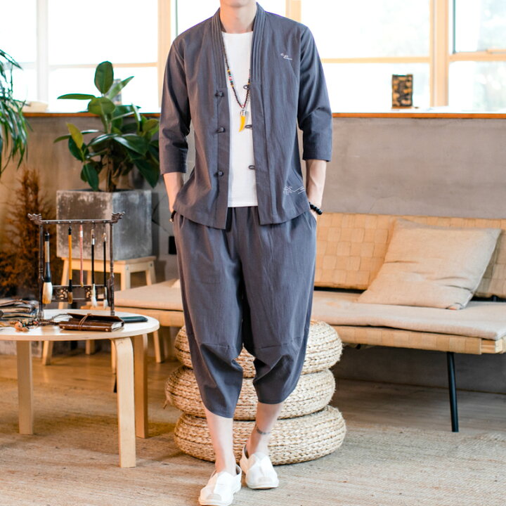 セットアップ メンズ 半袖シャツ 上下セット 七分丈綿麻パンツ サルエルパンツ 甚平 半袖 涼しい 綿麻 リネン 五分袖tシャツ 春夏 2点セット