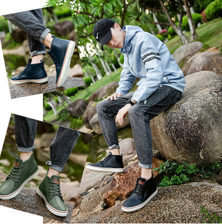 楽天市場 レインシューズ メンズ レインブーツ 完全防水 軽量 柔軟 ソフト スニーカー ショートブーツ ラバーシューズ 防滑 歩きやすい 滑り止め 柔らかい おしゃれ カジュアル 通気性 24 27cm 3色 ブラック ネイビー グリーン アウトドア 梅雨 雨の日 梅雨対策 晴雨兼用