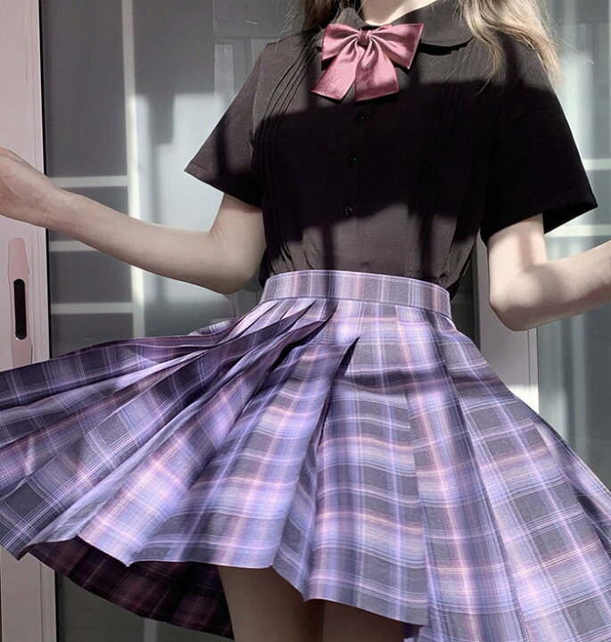 楽天市場 制服 夏 スカート チェック スクール スカート チェック柄 パープル プリーツスカート レディース ひざ丈 48cm 43cm 高校生 中学生 学生服 学校 通学 女子 入学 スクール 女子高生 女子制服 年間使いやすい オールシーズン ハロウィン コスプレ コスチューム