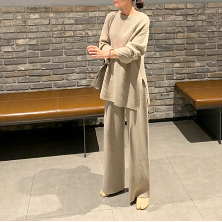 楽天市場 ニットセットアップ レディース パンツスーツ 2点セット ニットトップス ニット ワイドパンツ ガウチョパンツ ゆったり 体型カバー 着痩せ 長袖 セーター ラウンドネック ボトムス ロングパンツ 無地 シンプル おしゃれ きれいめ カジュアル 大人 可愛い 上下