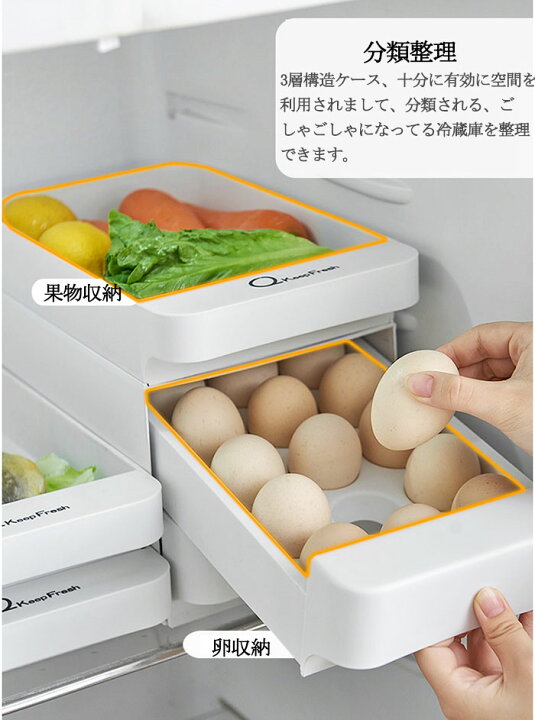 楽天市場 卵ケース 卵入れ 卵ボックス たまご収納 三層構造 エッグホルダー 野菜収納トレー 収納 冷蔵庫用 引き出し式 卵 玉子入れ 卵置くケース 割れない 食品 果物 野菜 シンプル 引き出し 分類整理 大容量 耐用性 丈夫 安定 通気性 安全 新鮮 清潔 冷蔵庫 家庭用