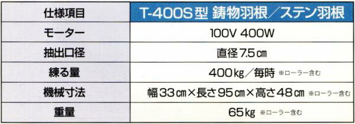 楽天市場】常圧式 土練機 T-400S型 長寿命 鋳物羽根 ステンレス羽根 