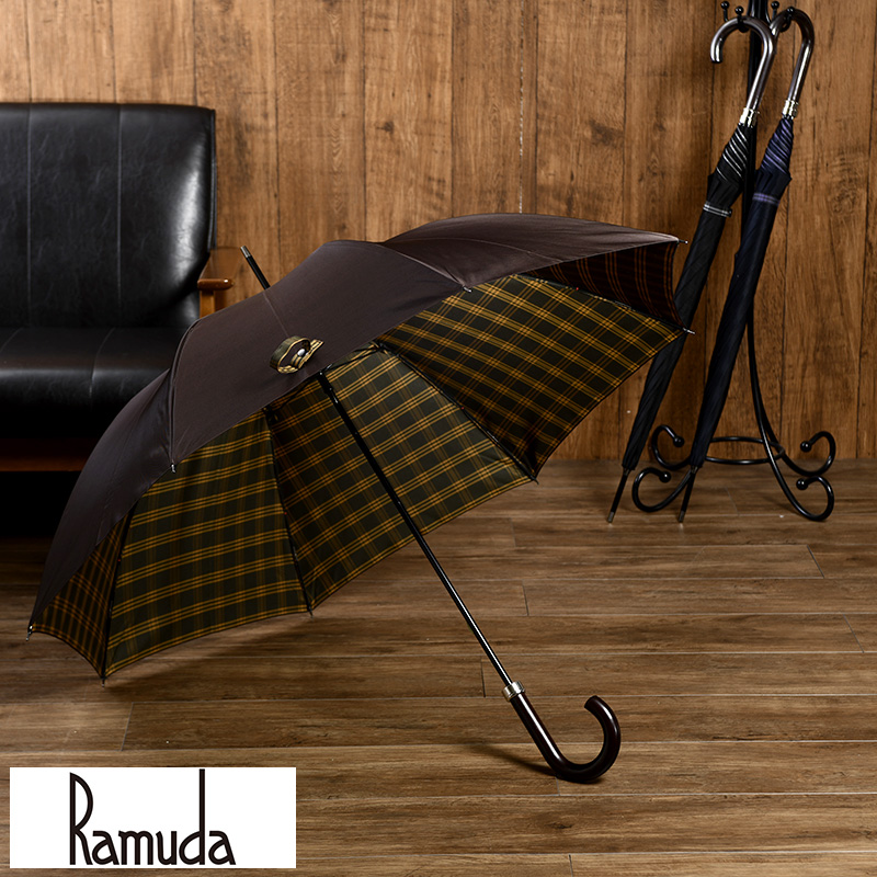 傘 メンズ ブランド 高級 Ramuda 長傘 晴雨兼用 8本骨 65cm 日本製 チェック裏地 楓手元 おしゃれ 日本 国産 雨傘 通勤 ビジネス シンプル