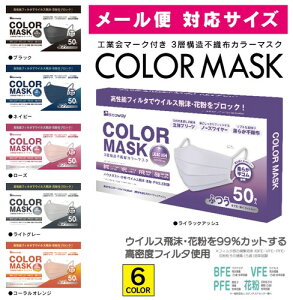 99%カット カラー不織布マスク ふつうサイズ 50枚入 紐 同色