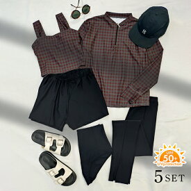 【クーポン利用で6,900円 UVカット率99%以上】水着 レディース 体型カバー ラッシュガード 長袖 セット タンキニ ショートパンツ レギンス 5点セット 水陸両用 フードなし 大きいサイズ 紫外線カット率99%以上 UPF50+ UVカット ビキニ