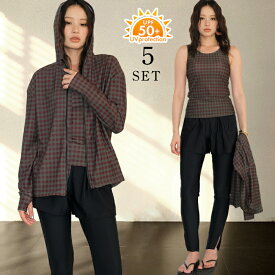 【クーポン利用で6,900円 UVカット率99%以上】水着 レディース 体型カバー ラッシュガード タンキニ 5点セット 紫外線カット率99%以上 UVカット UPF50+ フード付き ラッシュレギンス 水陸両用 ママ水着 大きいサイズ 上下セット おしゃれ 水着レギンス