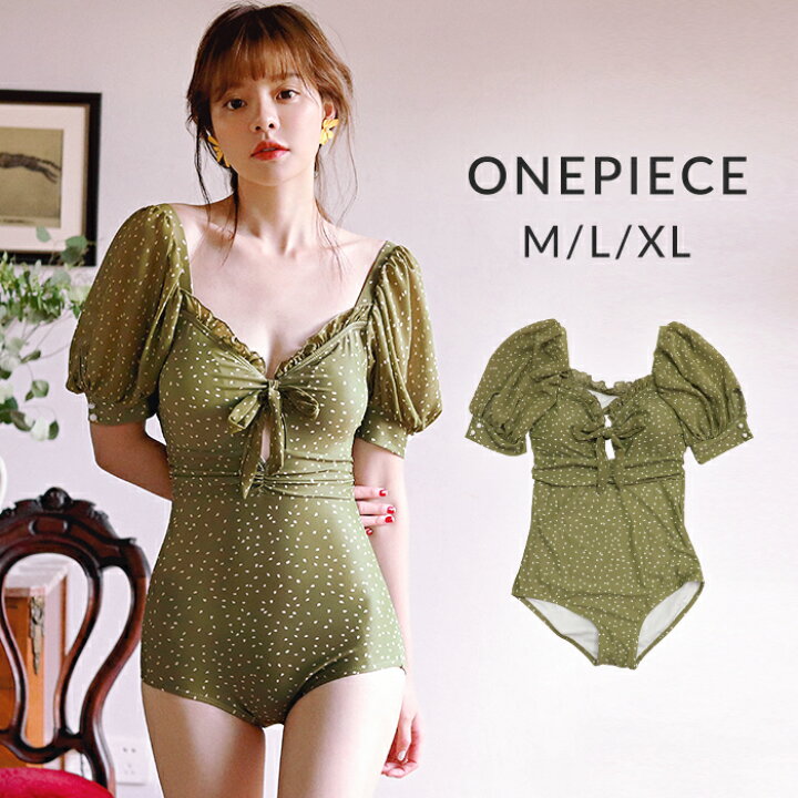 楽天市場 水着 レディース ワンピース 体型カバー パフスリーブ ワンピース水着 バックオープン セクシー シフォン 5分袖 水玉 30代 40代 代 大人可愛い オトナ女子 レトロ水着 9号 11号 13号 二の腕 お腹回り カバー 通販 オシャrevo