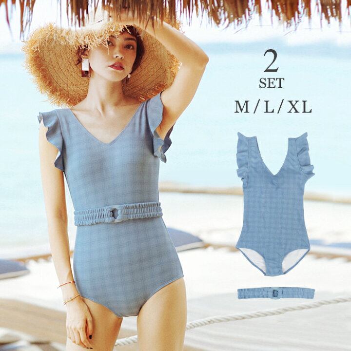 楽天市場 水着 体型カバー レディース モノキニ ワンピース オトナ女子 フリルワンピース ベルト セット ハイウエスト ワイヤー無し ラメ パッド入り レオタード水着 ブルー水着 大人 女性 オシャrevo