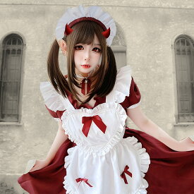 ハロウィン コスプレ メイド メイド服 仮装 ロング メイド 衣装 洋館メイド ハロウィンコスプレ 大人 女性 黒 赤 レディース コスチューム コスプレ衣装 可愛い 半袖 ウェイトレス